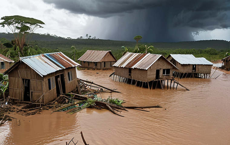 **
A cyclone ravages a coastal village in Madagascar. Flooded houses, uprooted trees, and dark storm clouds fill the scene. Desperate villagers struggle to salvage belongings. Emphasize the power of nature and the vulnerability of the people. (Style: Dramatic, realistic)
**