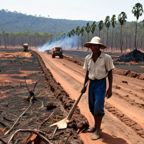 Home 6 **
A Malagasy farmer using the "Tavy" slash-and-burn method to clear a forest area for agriculture. In the background, a parched and eroded landscape highlights the long-term consequences. The image should convey both the immediate need of the farmer and the environmental devastation.
**