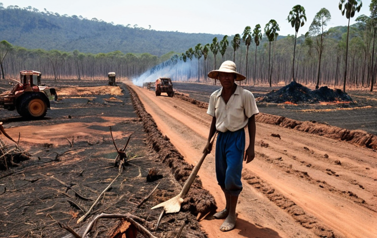 **
A Malagasy farmer using the "Tavy" slash-and-burn method to clear a forest area for agriculture. In the background, a parched and eroded landscape highlights the long-term consequences. The image should convey both the immediate need of the farmer and the environmental devastation.
**