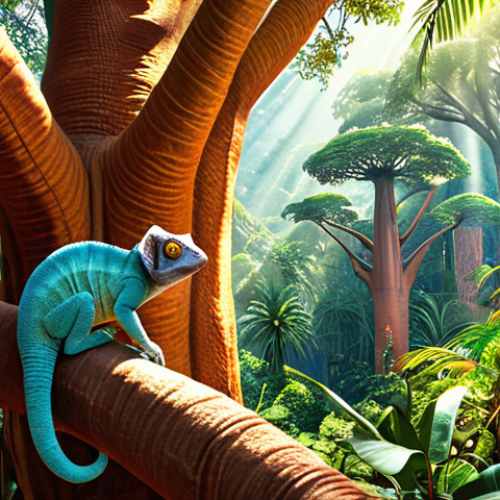 A vibrant Madagascan rainforest scene, teeming with unique wildlife. Focus on a brightly colored chameleon clinging to a large baobab tree, with lemurs visible in the background. Sunlight filters through the dense canopy.
