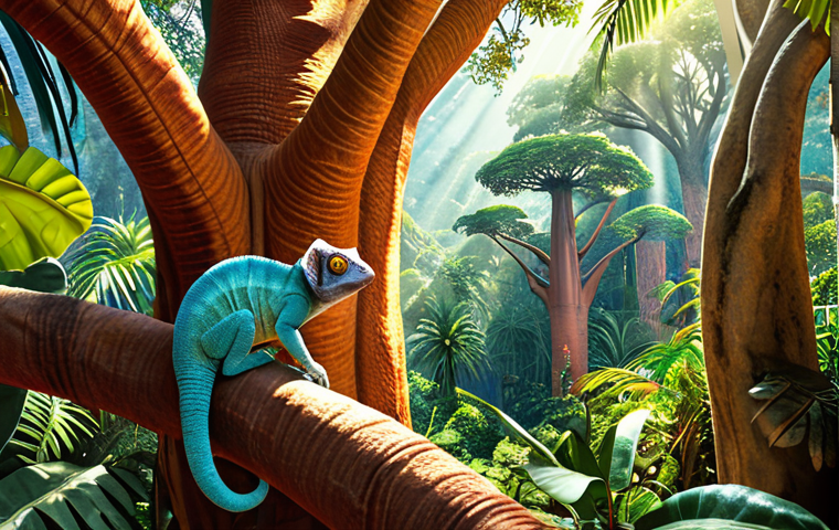 A vibrant Madagascan rainforest scene, teeming with unique wildlife. Focus on a brightly colored chameleon clinging to a large baobab tree, with lemurs visible in the background. Sunlight filters through the dense canopy.